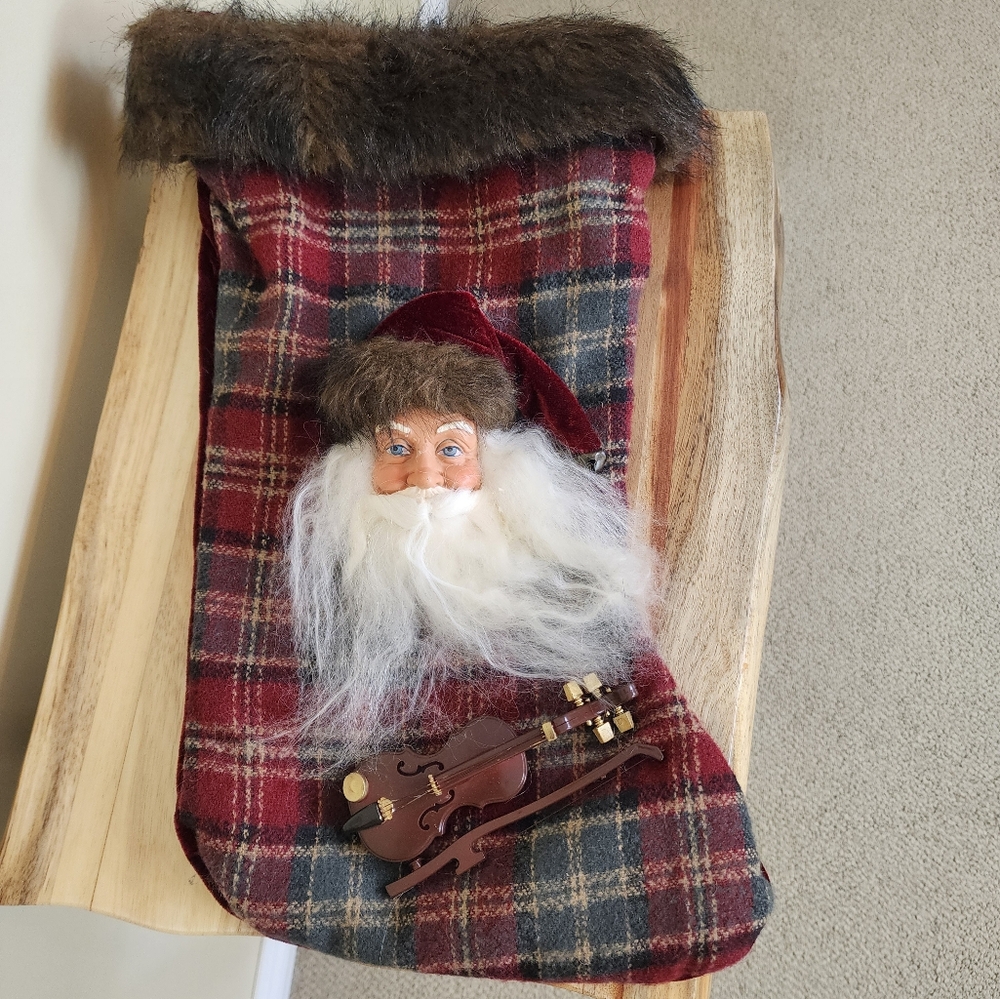 3D Santa Claus Sculpture with Violin Christmas Stocking Plaid Velvet Fur Trim